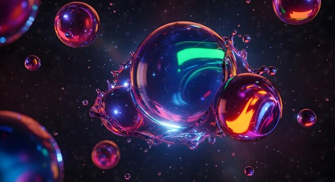 Vibrant glowing bubbles abstract background, colorful liquid spheres floating in dark cosmic space, futuristic glossy orb cluster with bright neon light reflections, dynamic splash effect illustration - Powered by Adobe