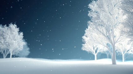 Snow-covered trees in a serene landscape under a dark blue, snowy sky