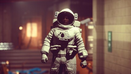 An astronaut stands confidently in a futuristic interior, showcasing a unique blend of technology and creativity. The lighting adds a mysterious ambiance, inviting curiosity about the surroundings.