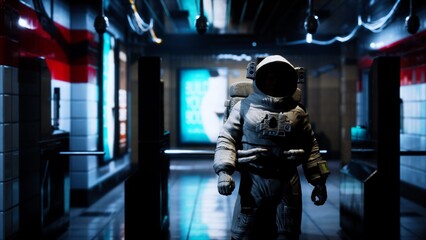 An astronaut stands confidently in a dimly lit subway station, surrounded by glowing advertisements. The air is charged with mystery and adventure as the journey begins in this urban cosmos.