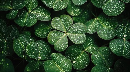 Fototapeta premium Four - leaf Clover with Dew Drops in Soft Sunlight and Bokeh Background