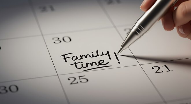 Marking Family Time on the Calendar with Pen and Planning Schedule