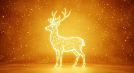 Magical Glowing Deer Silhouette Sparkles on a Golden Festive Background with Bokeh Lights