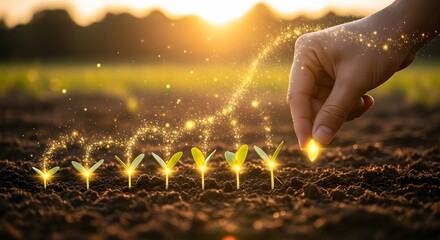 Hand sprinkling glowing golden particles over a row of small plants in the field at sunset. Concept of smart agriculture, digital farming, and technological investment.