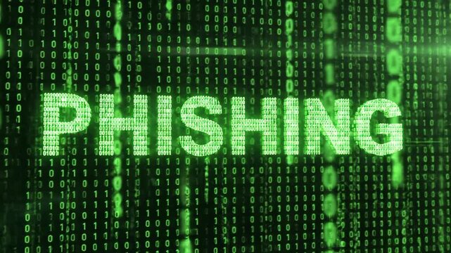 Data stream with green binary code forming word phishing. Cybersecurity threat, fraud, and digital deception concept. Scammer attack footage.