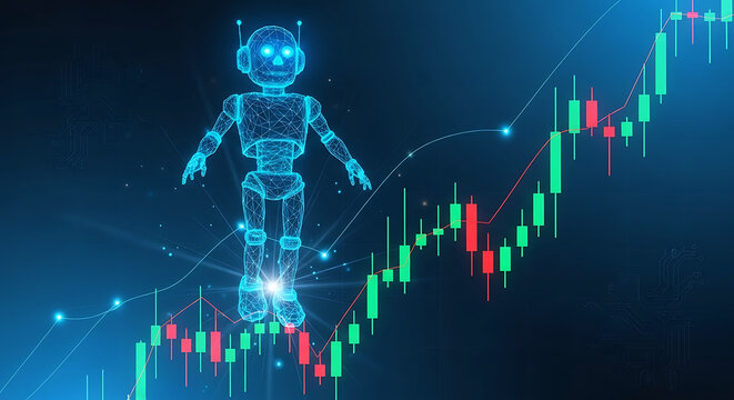 Blue wireframe robot stands over rising stock market candlestick chart artificial intelligence