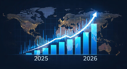 Global growth chart with upward trend line over world map 2025 2026 graph