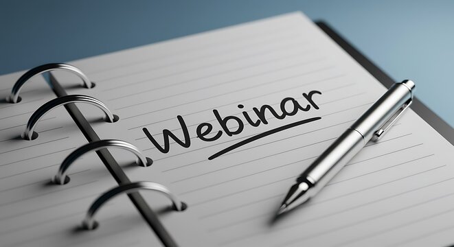 Notebook with Webinar Title and Ballpoint Pen Close Up Concept