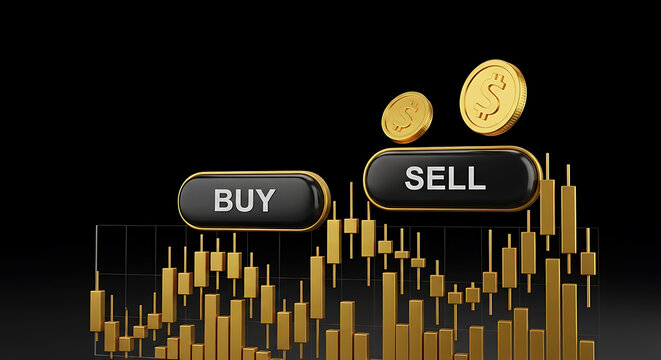 Gold candlestick chart with buy sell buttons and coins on black finance trading