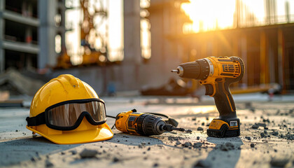 Photo of technician equipment such as helmet, safety goggles, and power drill neatly arranged on concrete ground at an active construction site