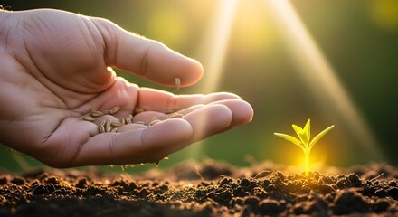 Hand dropping seeds into soil next to a glowing plant sprout under bright golden sunlight. Concept of planting, agricultural beginnings, nurturing, and future potential.
