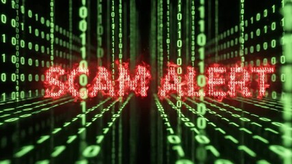 Red burning scam alert text on digital screen with falling green binary code in data streams. Cyber security animation warning. - Powered by Adobe