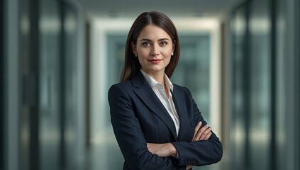 Confident professional businesswoman with arms crossed in modern corporate office hallway exuding success and leadership