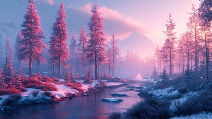 Snow - covered Forest at Dusk with River, Mountain in Background and Glowing Tent