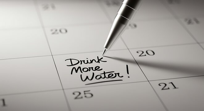 Reminder to drink more water written on calendar page close up