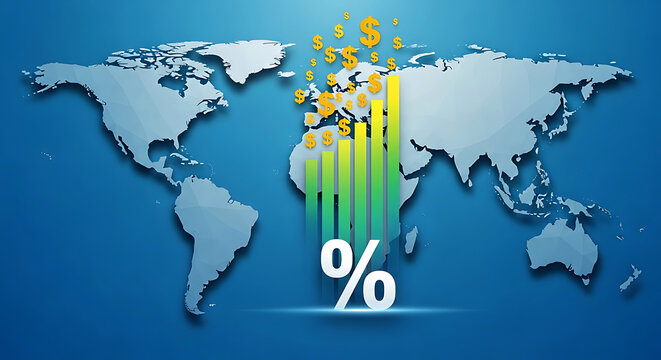 World map with rising green and yellow bar graph dollar signs and percentage symbol globe earth