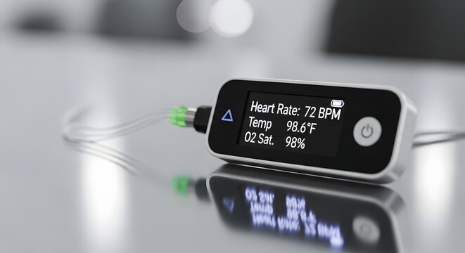 Close up of a small portable digital device with a black screen displaying data and a green indicator light on a reflective surface