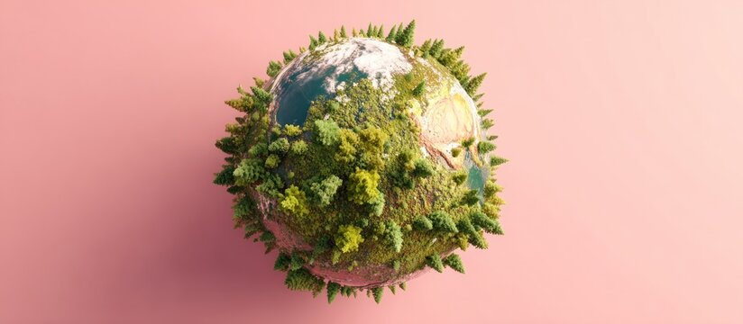 A globe of earth covered in trees floats against a pink background