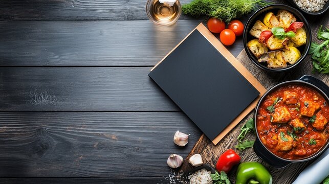 Top view of rich chicken stew, roasted potato, fresh vegetables and blank menu card