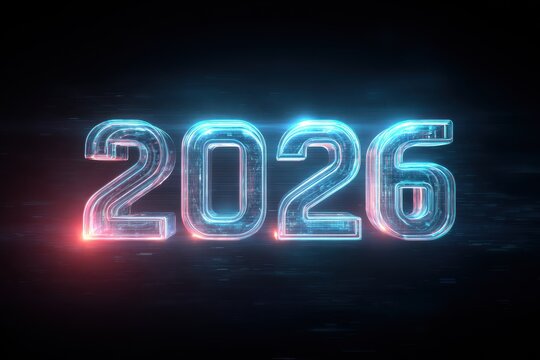 High quality photo of glowing 2026 text with futuristic neon lights on dark background