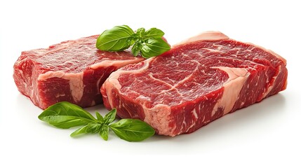 Fototapeta premium Two Raw Beef Steaks with Fresh Basil Leaves on White Background