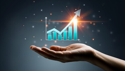 Hand glowing graph icon floating upward arrow business growth success macro photo close up perspective futuristic digital technology finance investment data analytics innovation progress chart