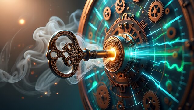 Vintage Key unlocking Time with Abstract Technology Background