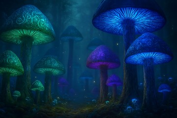 Enchanted forest with glowing bioluminescent mushrooms at night