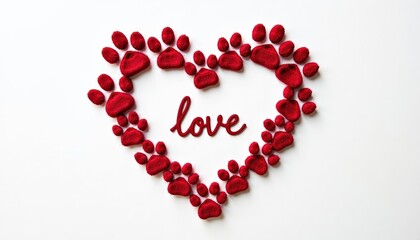 Obraz premium Heart shape created with red paw prints and the word love in the center, symbolizing affection and connection between pets and their owners, perfect for Valentine's Day or pet-themed celebrations