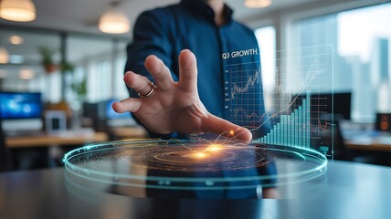 Businessman reaching out to touch a futuristic holographic interface with financial data and charts