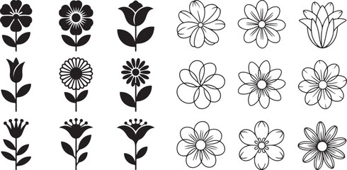 Floral Silhouette & Line Art Vector Set | Decorative Flower Clipart
