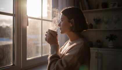Woman sipping coffee near window with sunrise light, cozy sweater, peaceful morning atmosphere, steam rising from cup, serene expression, home interior, soft natural lighting