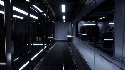 Illuminated corridor stretches through a high tech workspace, featuring black glass walls and modern lighting. A minimalist yet sophisticated atmosphere enhances the innovative environment.