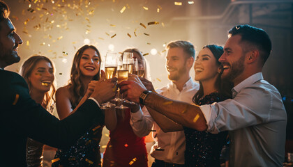 Group of friends celebrating with champagne, smiling and cheering under golden confetti in festive indoor party atmosphere, joyful and glamorous evening event