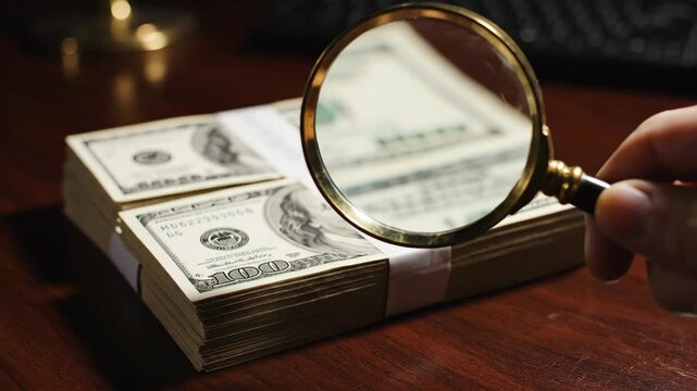 Man using magnifying glass to inspect dollar currency on wooden desk, financial fraud investigation, money counterfeit concept footage