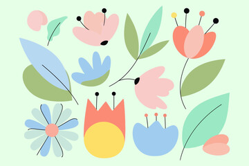 Colorful Flat Floral Design with Stylized Flowers and Leaves Composition