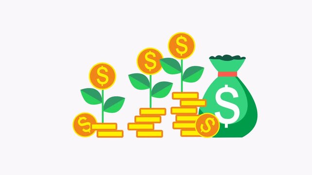 Concept of money growing depicted with coins spilling out of a sack. Suitable for finance, investment, savings, and growth concepts.