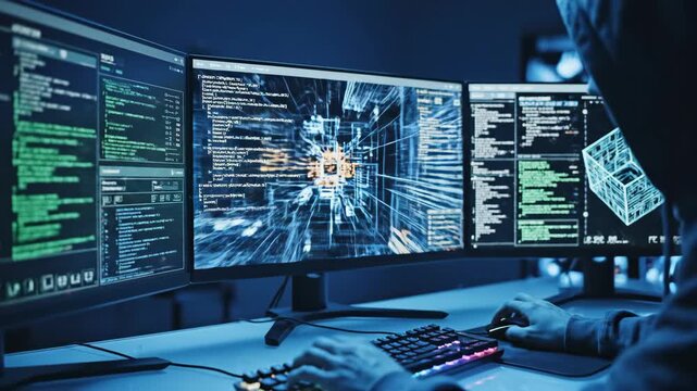Man hacker in hooded sweatshirt typing on keyboard next to multiple computer screens writing green code in dark room footage.