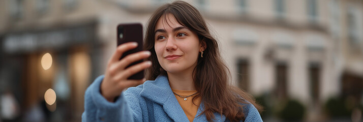 Fototapeta premium A young woman joyfully captures a selfie with a smartphone in an urban setting, reflecting modern lifestyle, connection, and the art of self-expression in everyday life.