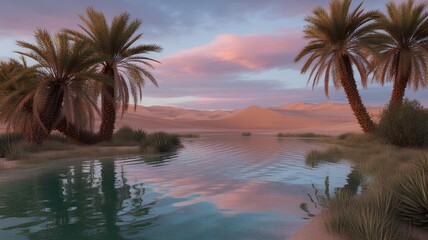 Calm oasis scene with palm trees, water, and desert landscape at sunset.