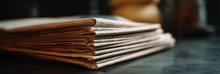 A nostalgic collection of vintage newspapers piled elegantly, inviting the viewer to reflect on past news and stories that shaped our history and shared experiences as a society.