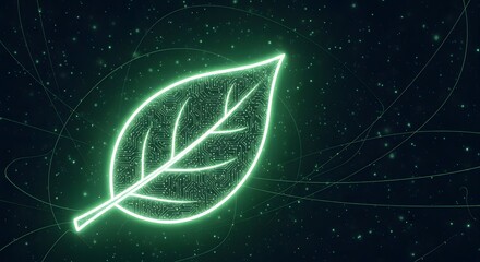 Bright neon glowing outline of a leaf shape with an intricate electronic circuit board pattern inside. Concept of biotechnology, green technology, and digital sustainability innovation background.