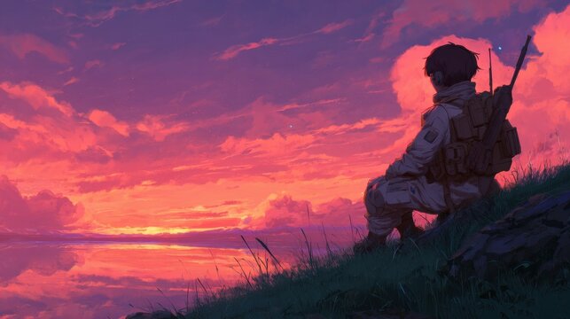Young Male Soldier Sitting on Grass at Sunset with Backpack and Rifle in Military Uniform