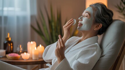 Woman in bathrobe applies face mask with cotton pad, relaxing in a chair surrounded by candles.