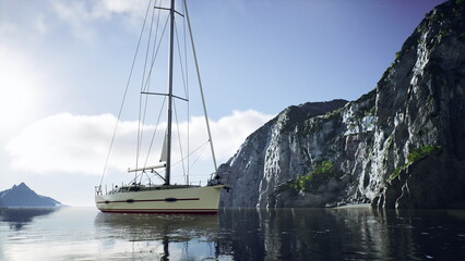 A serene sailboat floats gently on calm waters, surrounded by majestic cliffs under a bright sky. The early morning light highlights the beauty of this tranquil setting.