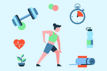 Fitness Flat Lay Woman Stretching with Dumbbell Heart Water Bottle and Yoga Mat