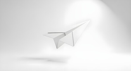 Naklejka premium Minimalist white paper airplane floating in spotlight
