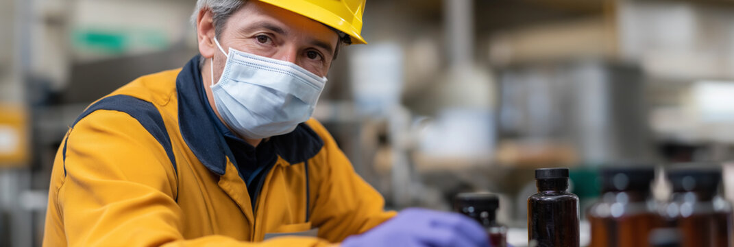 A focused worker in safety gear examines bottles in a manufacturing environment, reflecting the commitment to safety and quality in industrial processes and production.