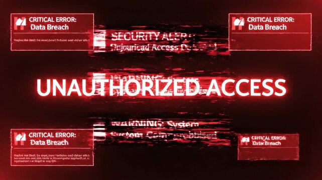 Security alert message for unauthorized access detected on digital screen. Data breach notification with red glitch effect footage.
