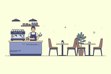 Minimalist Coffee Shop Illustration Barista Espresso Machine Tables and Plants